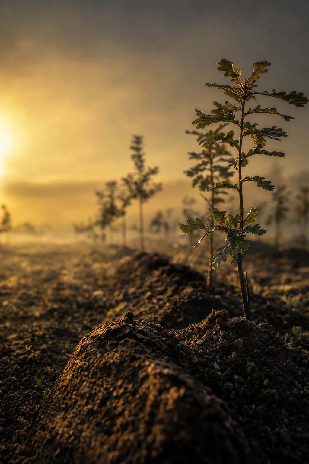 Junge Eichen einer Trüffelplantage im Morgennebel