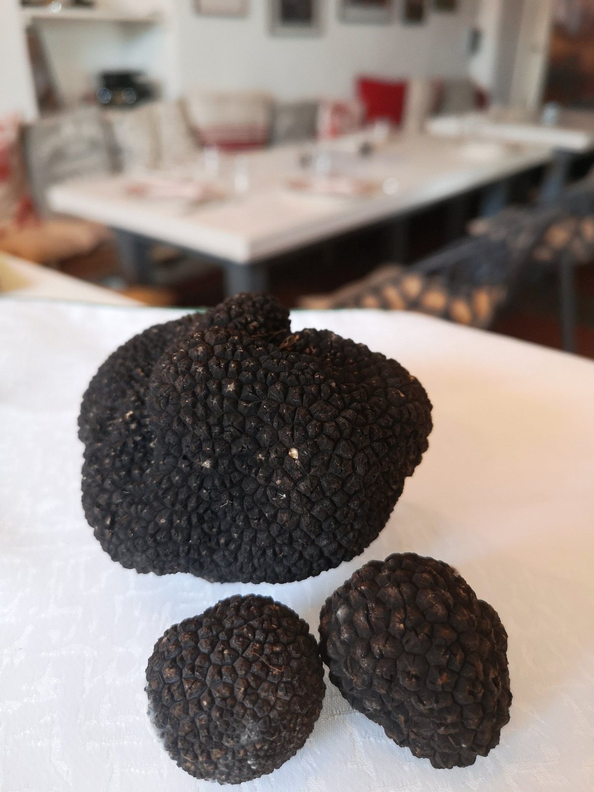 Drei frische schwarze Trüffel auf einem Tisch